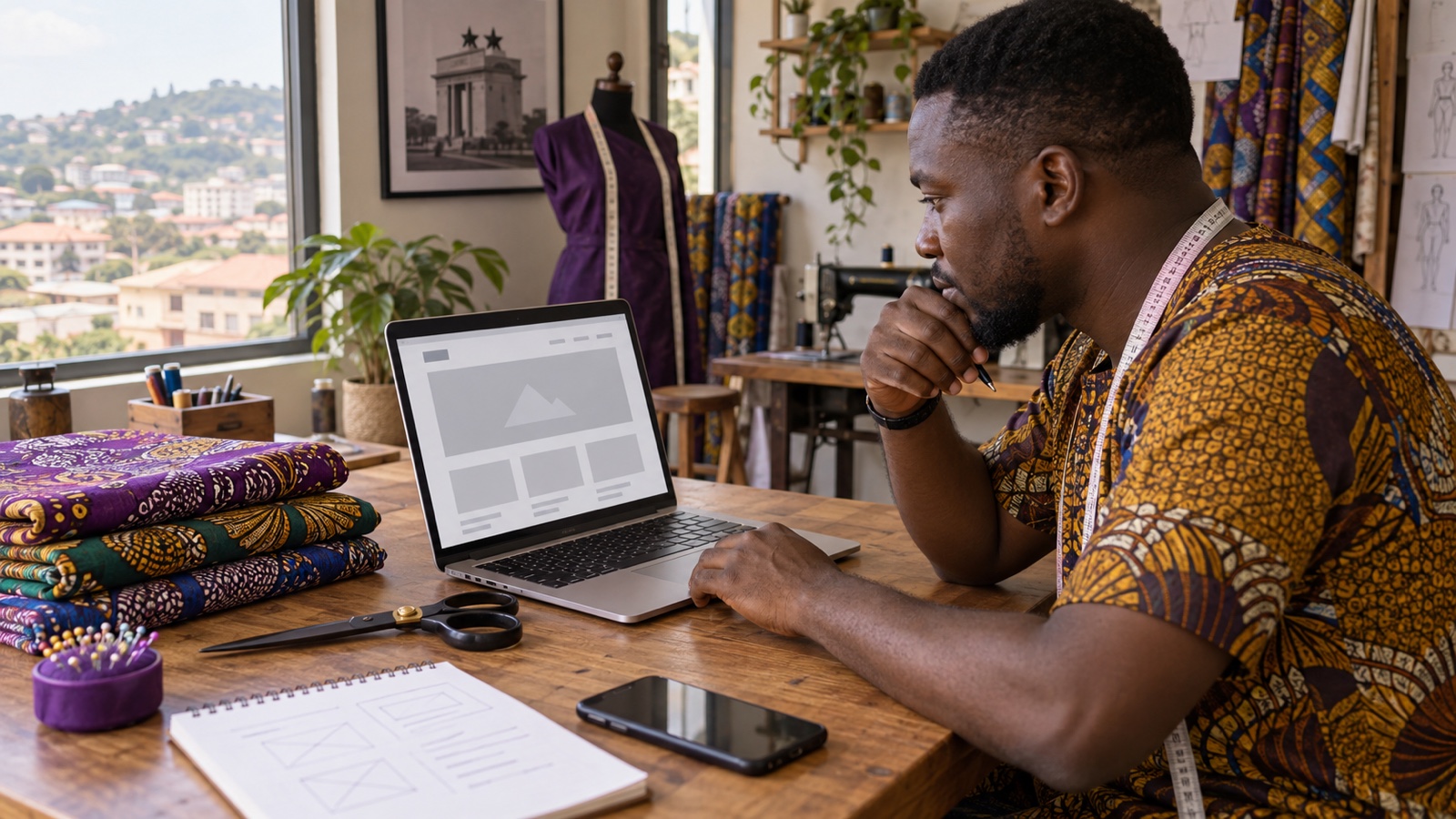Illustrative Ghanaian tailor reviewing a website draft on a laptop beside fabric samples, a notebook and a phone