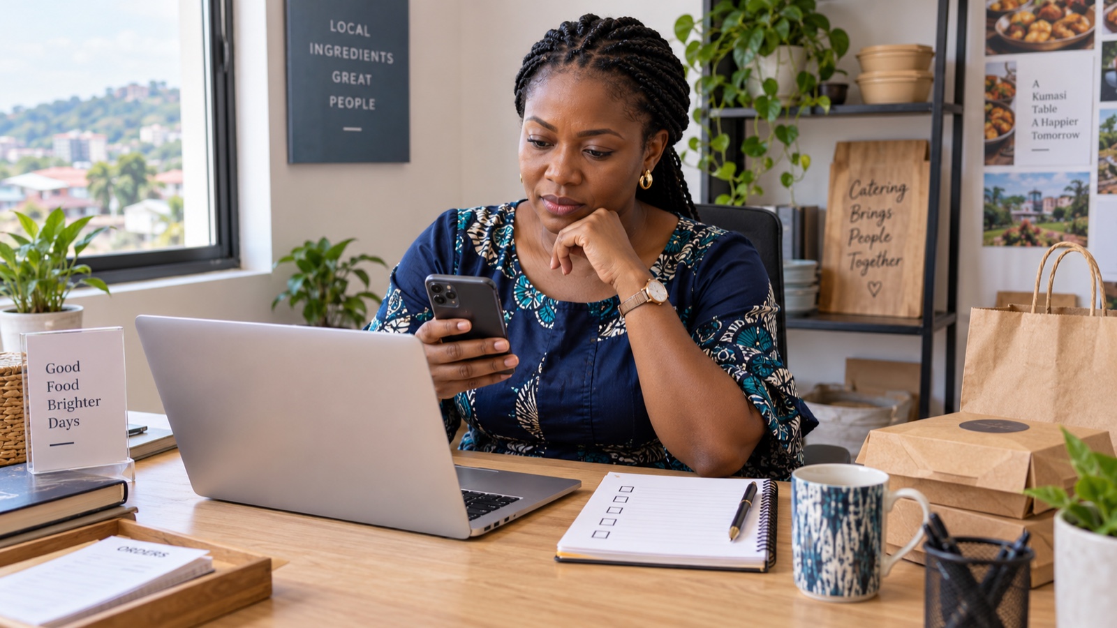 Illustrative Ghanaian business owner reviewing a phone beside a laptop and a notebook with five checkboxes.