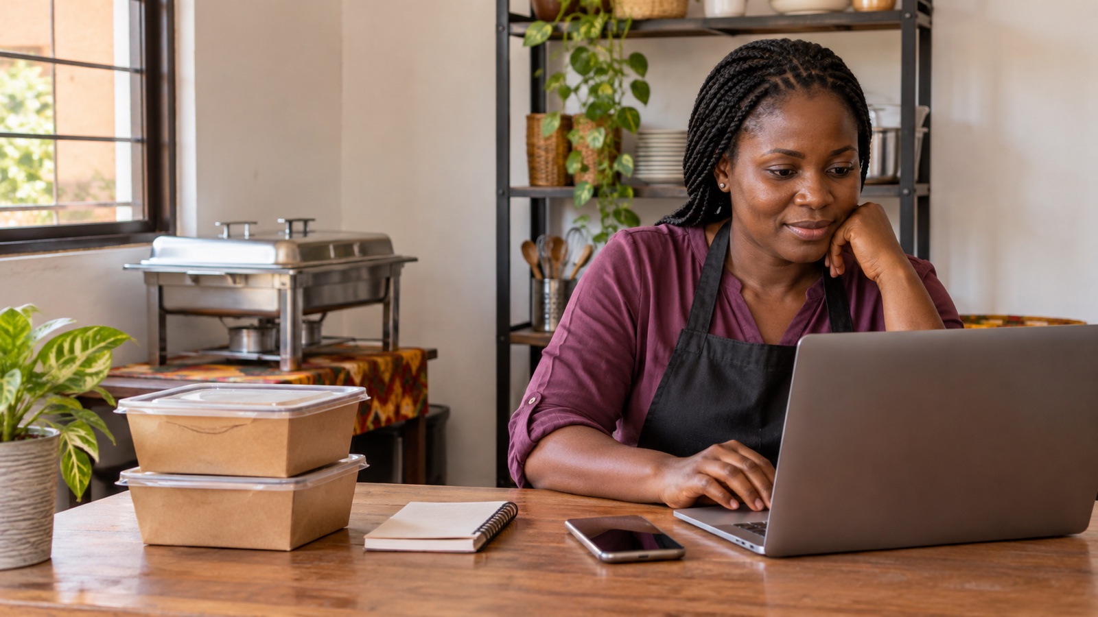 Illustrative image of a Ghanaian caterer working at a laptop beside a phone, notebook and packed food containers.