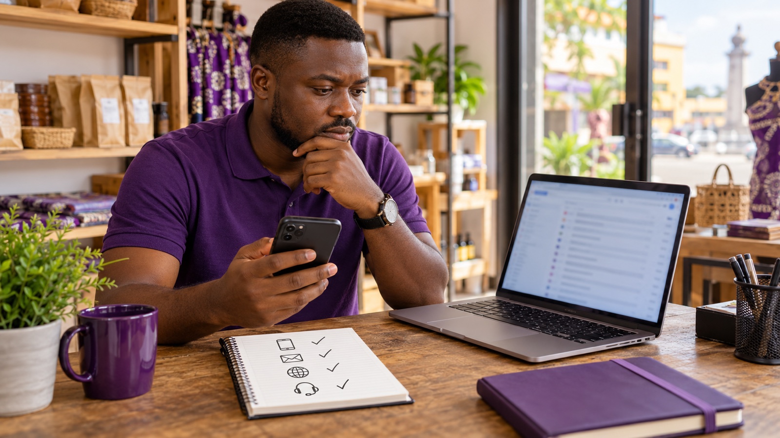 Illustrative Ghanaian shop owner comparing a phone with a blurred webmail screen on a laptop beside a four-item checklist