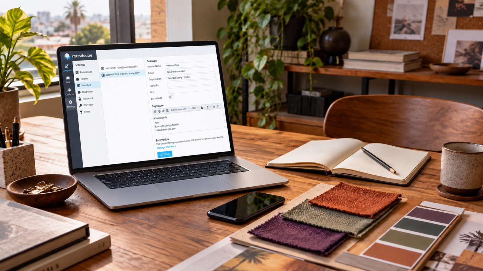 Illustrative desk scene with a laptop displaying Roundcube webmail’s sender identity and signature settings, beside a phone, notebook and fabric samples.