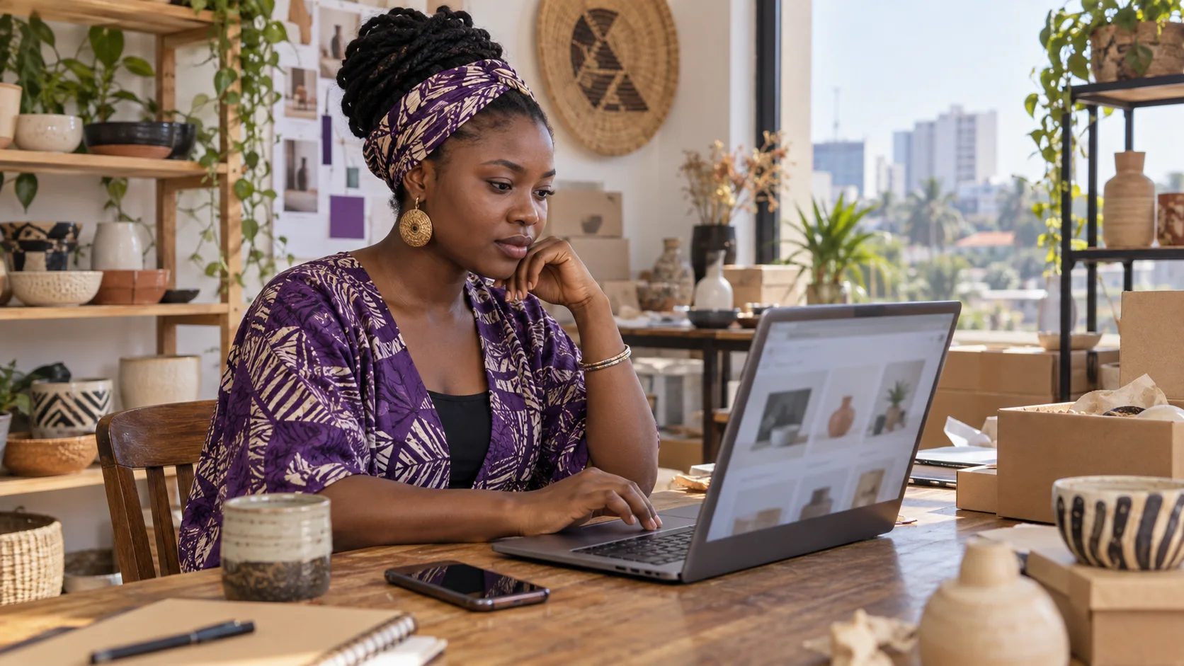 Generated editorial image of a Ghanaian homewares business owner reviewing a website on her laptop.
