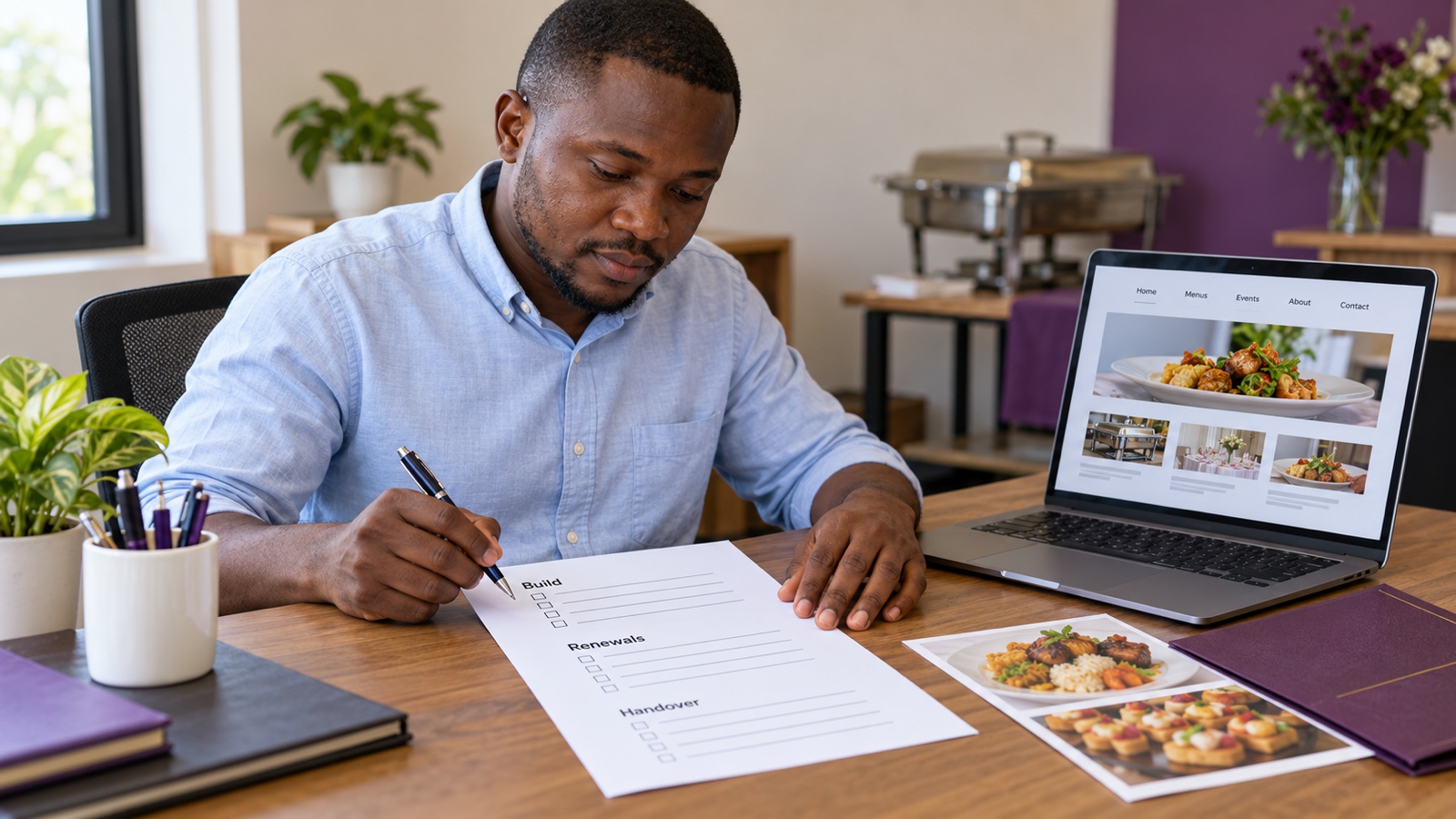 Ghanaian business owner reviewing a Build, Renewals and Handover checklist beside a laptop showing a catering website.