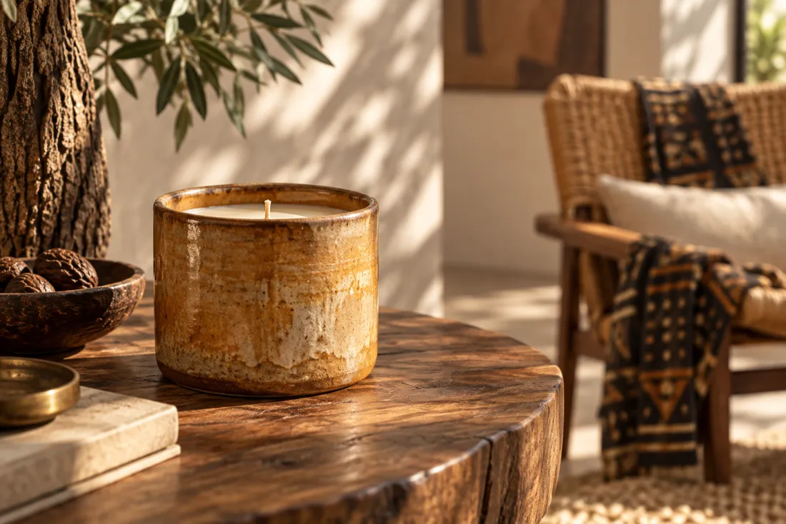 Illustrative ceramic candle and homewares in a warm, textured interior.