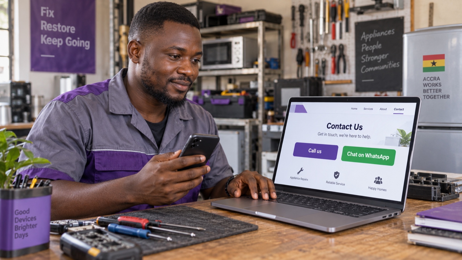 Illustrative Ghanaian repair-business owner holding a phone beside a laptop showing call and WhatsApp contact buttons.