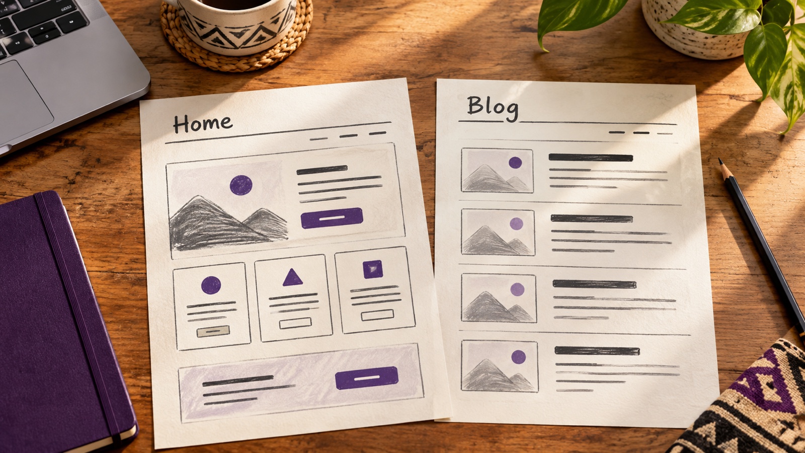Illustrative planning desk with a Home page wireframe beside a separate Blog page sketch