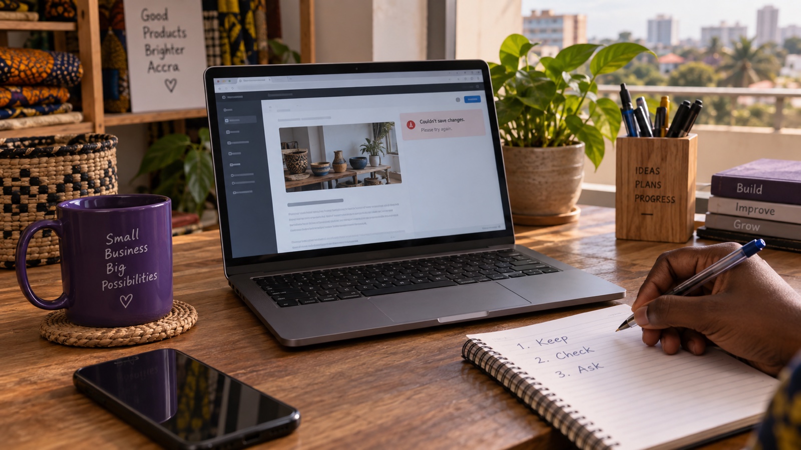 Illustrative laptop page editor with a save warning on a worktable, beside a handwritten Keep, Check, Ask notebook